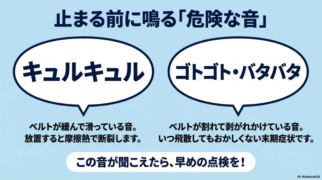 止まる前に鳴る「危険な音」として、キュルキュル（ベルトの滑りや緩み）、ゴトゴト・バタバタ（ベルトの割れや剥がれ）を解説するイラスト。