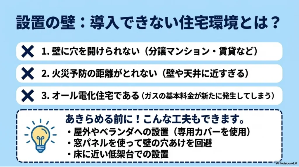 壁の穴あけ不可や火災予防距離などの設置障壁と、屋外設置や窓パネル利用といった回避策のリスト。