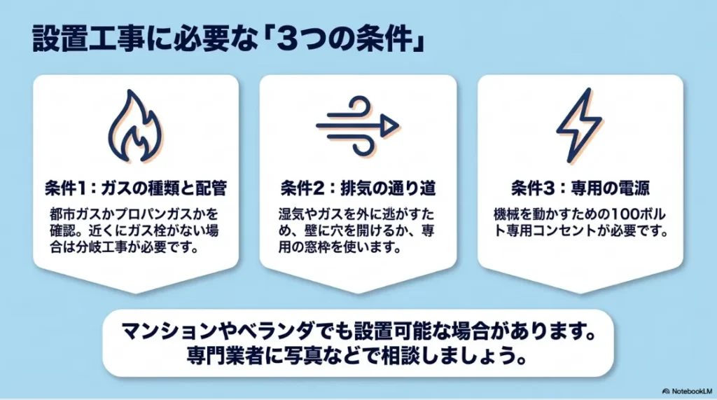 ガス乾燥機の設置に必要な3つの条件。ガスの種類、排気の通り道、専用の100V電源について。