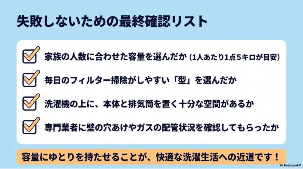 失敗しないための最終確認リスト。家族に合わせた容量、掃除のしやすい型、設置空間と専門業者への確認。