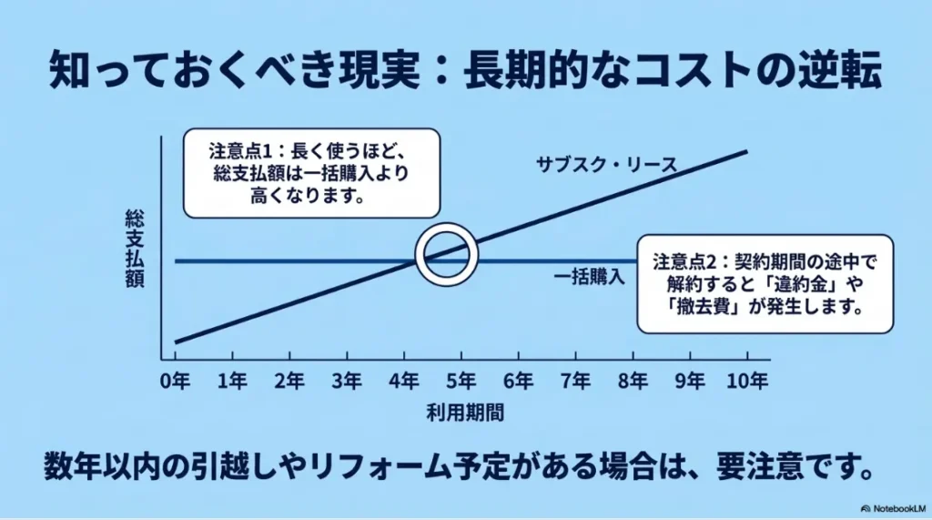 利用期間による総支払額の変化グラフ。5年目付近でサブスクが一括購入のコストを上回る点と、中途解約時の違約金についての注意。