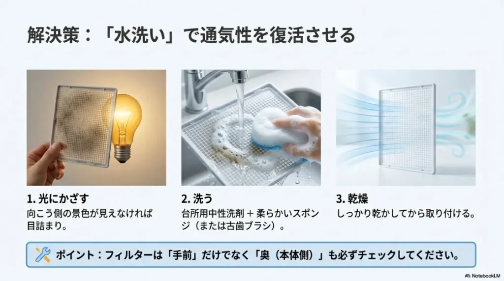 熱交換器（アルミフィン）にホコリが詰まり、乾燥効率が落ちる仕組みの図解
