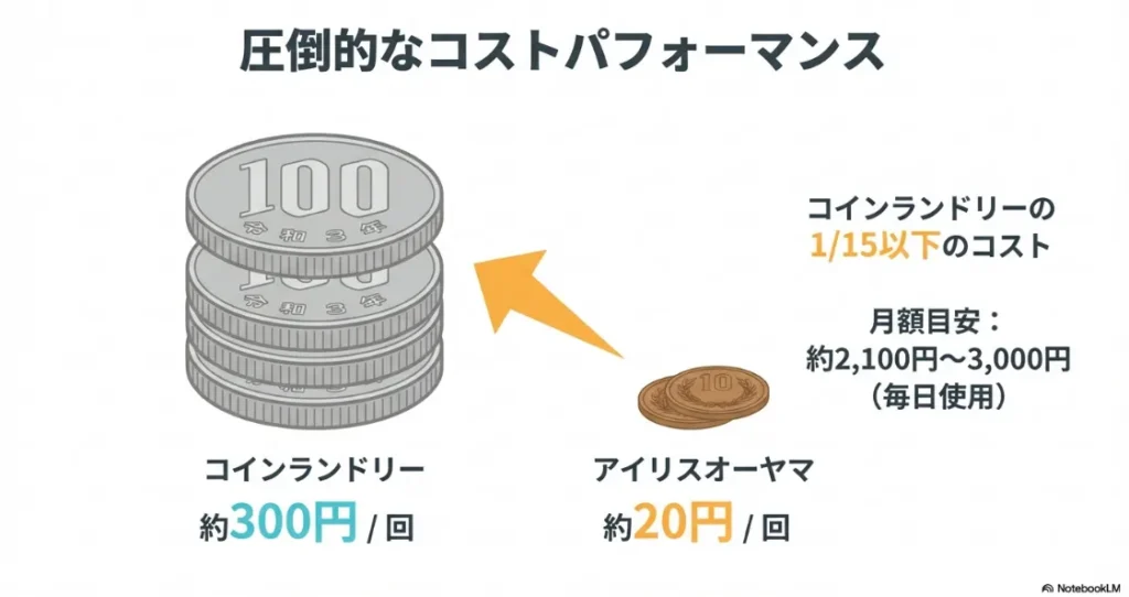 1回あたりのコストがコインランドリーの1/15以下になるアイリスオーヤマの圧倒的なコスパ
