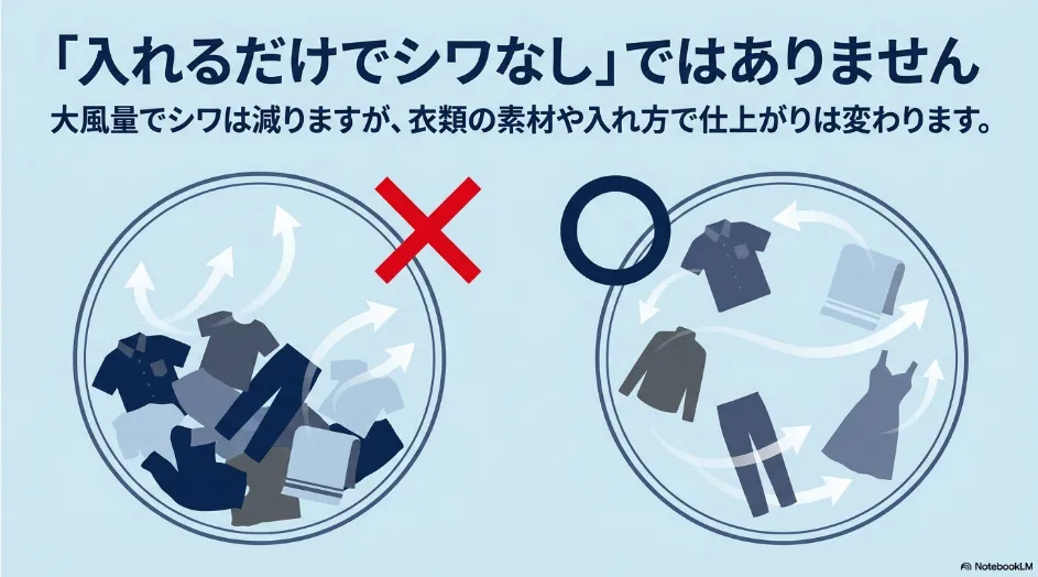 乾太くんへ衣類を詰め込みすぎた状態と、衣類が動ける空間を確保した状態を比較した図