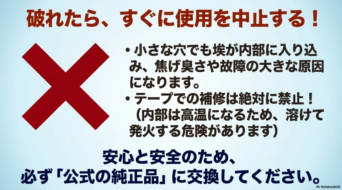 フィルターが破れた際の使用中止警告。小さな穴でも故障の原因になり、テープ補修は発火の危険があるため禁止という注意喚起