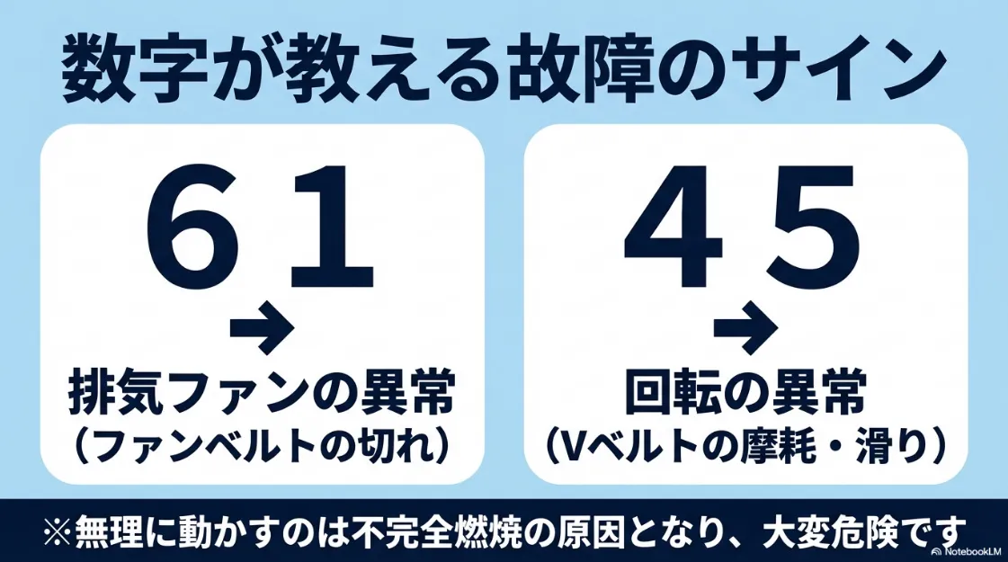 数字が教える故障のサイン。エラー61は排気ファンの異常（ファンベルトの切れ）、エラー45は回転の異常（Vベルトの摩耗・滑り）を説明する図解。