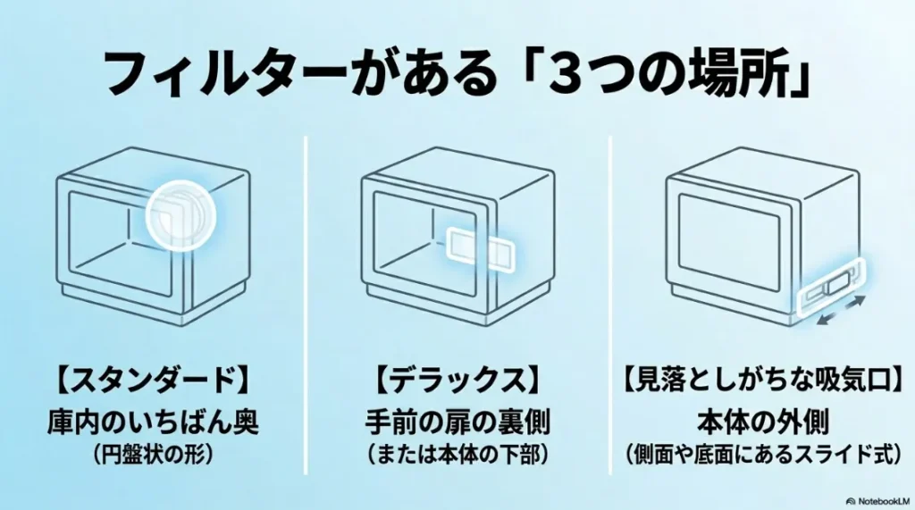 乾太くんのフィルターがある3つの場所（庫内奥、扉裏、本体外側の吸気口）のモデル別比較イラスト