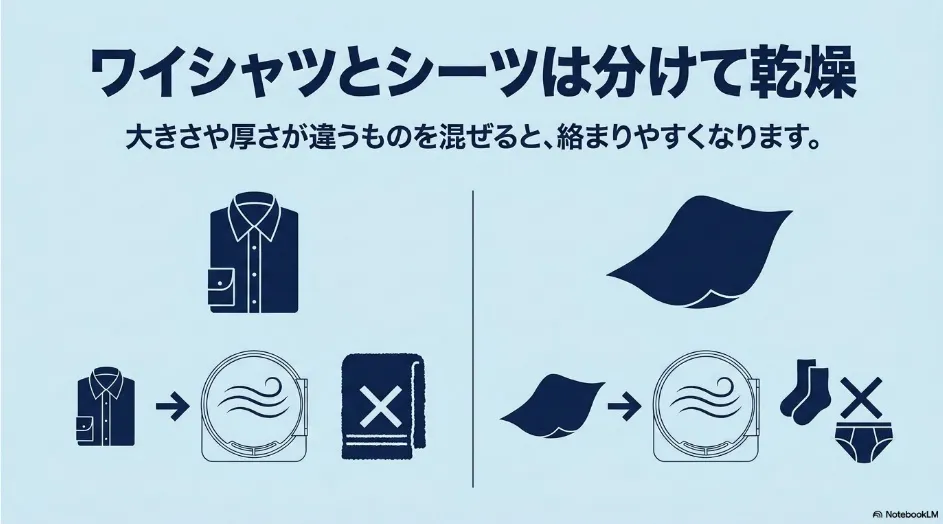 ワイシャツを厚手のタオルと分け、シーツを靴下などの小物と分けて乾燥する方法