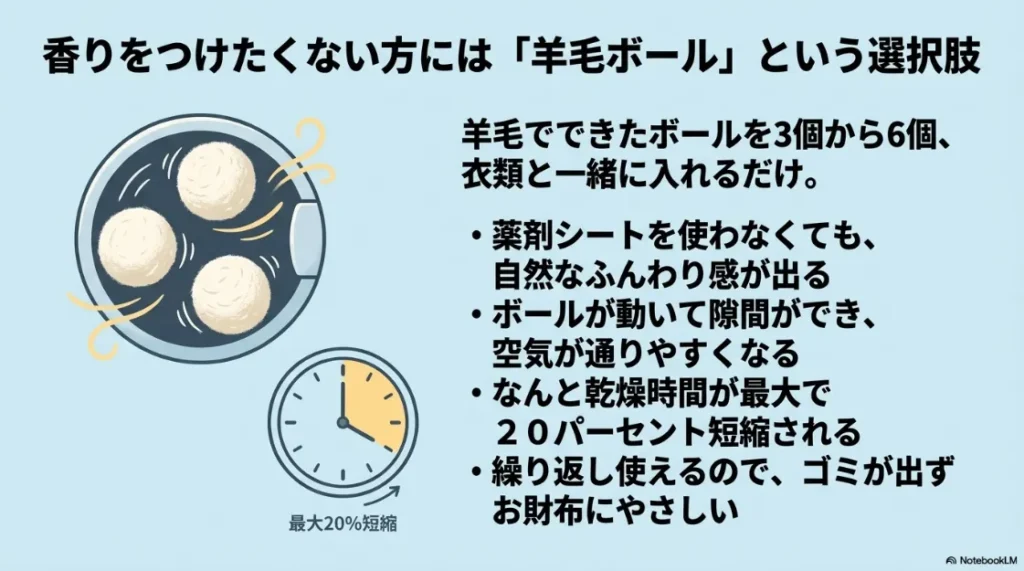 薬剤を使わず乾燥時間を最大20%短縮する羊毛ボール（ウールボール）のメリット