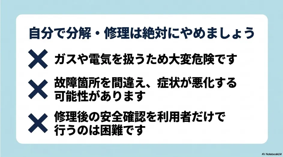 乾太くんの自己分解や修理は、ガスや電気を扱う危険、故障箇所の誤認、修理後の安全確認不足につながると示す注意図