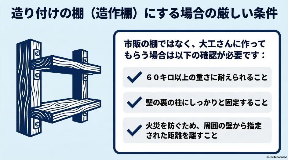 乾太くんの造作棚に必要な耐荷重60kg以上、壁下地固定、離隔距離の条件