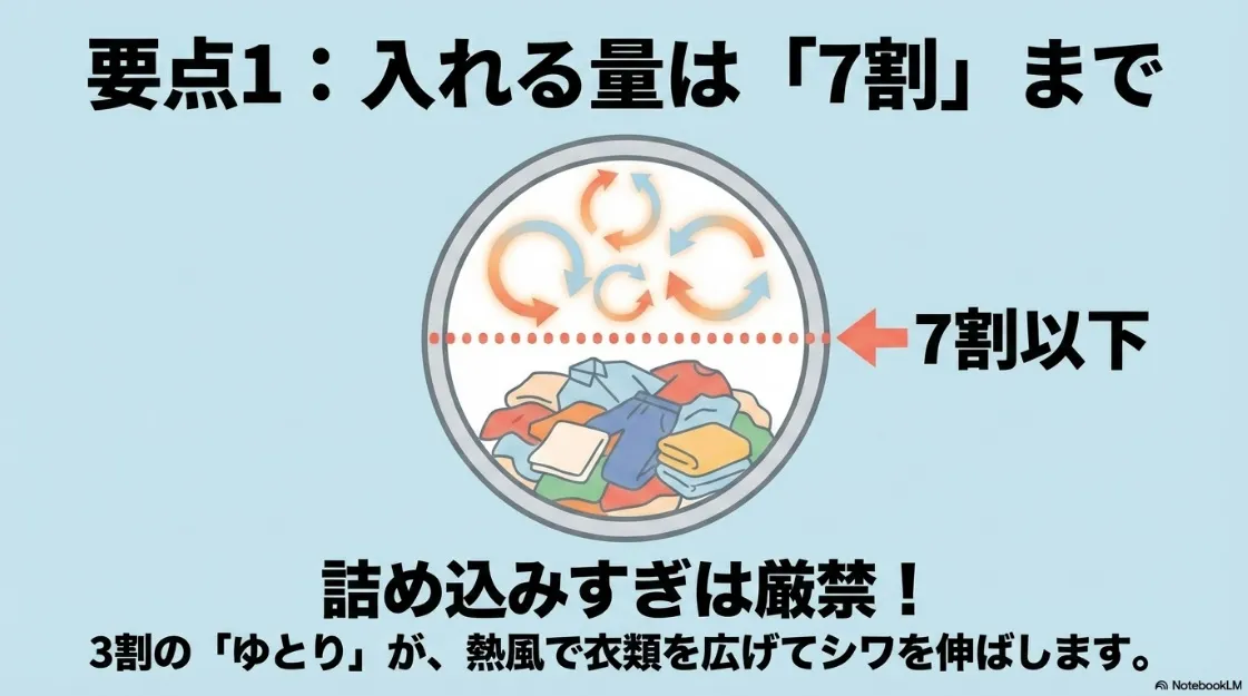 要点1：入れる量は7割まで。3割のゆとりが熱風で衣類を広げてシワを伸ばすイメージ図。