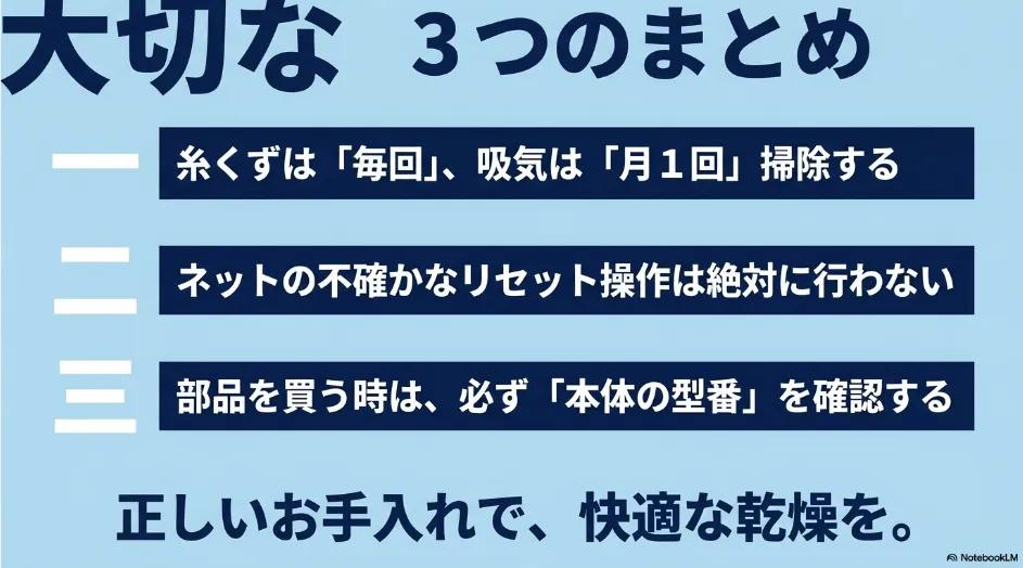 乾太くんのフィルター掃除頻度とリセット操作および型番確認をまとめたスライド