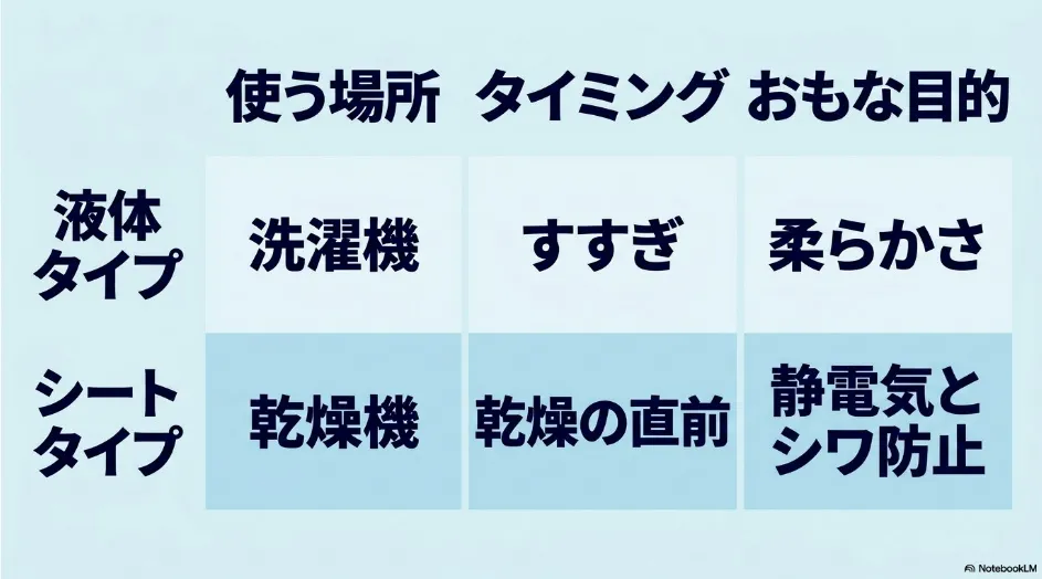 液体柔軟剤と乾燥機用柔軟剤シートの使用場所やタイミングの違いを比較した表