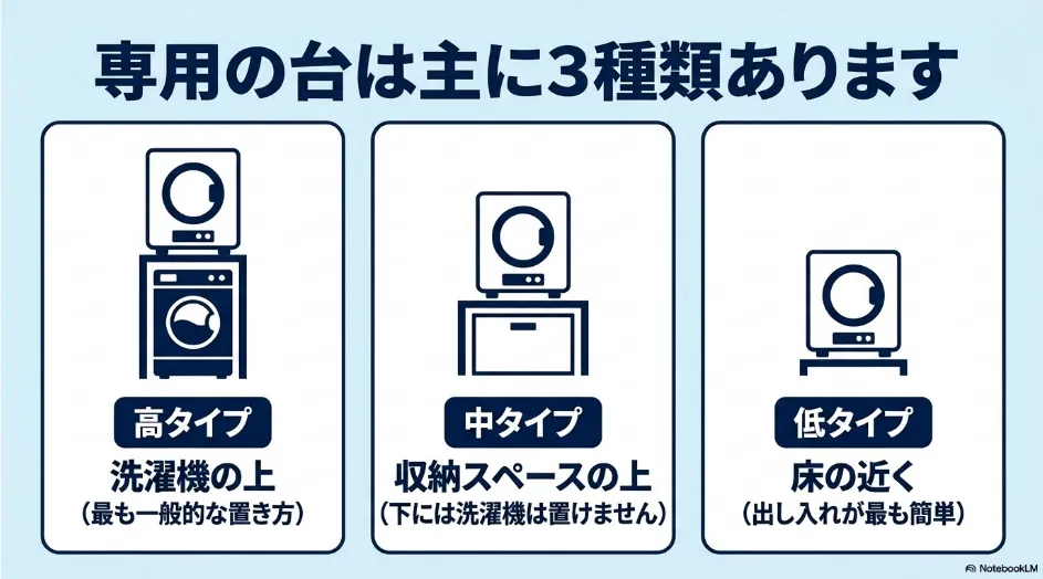 衣類乾燥機専用台の高タイプ・中タイプ・低タイプの設置例
