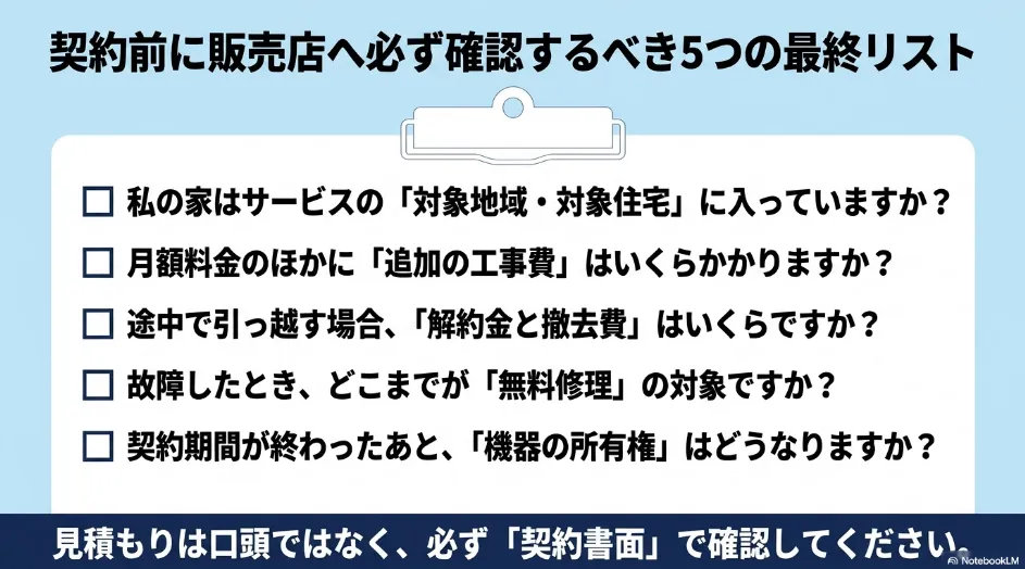 乾太くんの定額サービスを契約する前に対象地域、追加工事費、解約費、無料修理、満了後の所有権を確認するチェックリスト