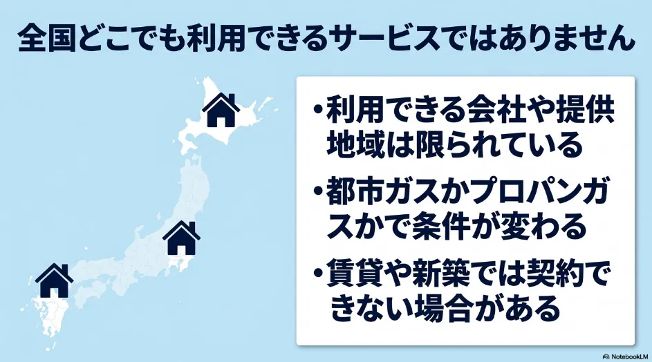 乾太くんの定額サービスは全国共通ではなく、提供地域、ガス種、賃貸や新築などの住宅条件で利用可否が変わることを示すスライド