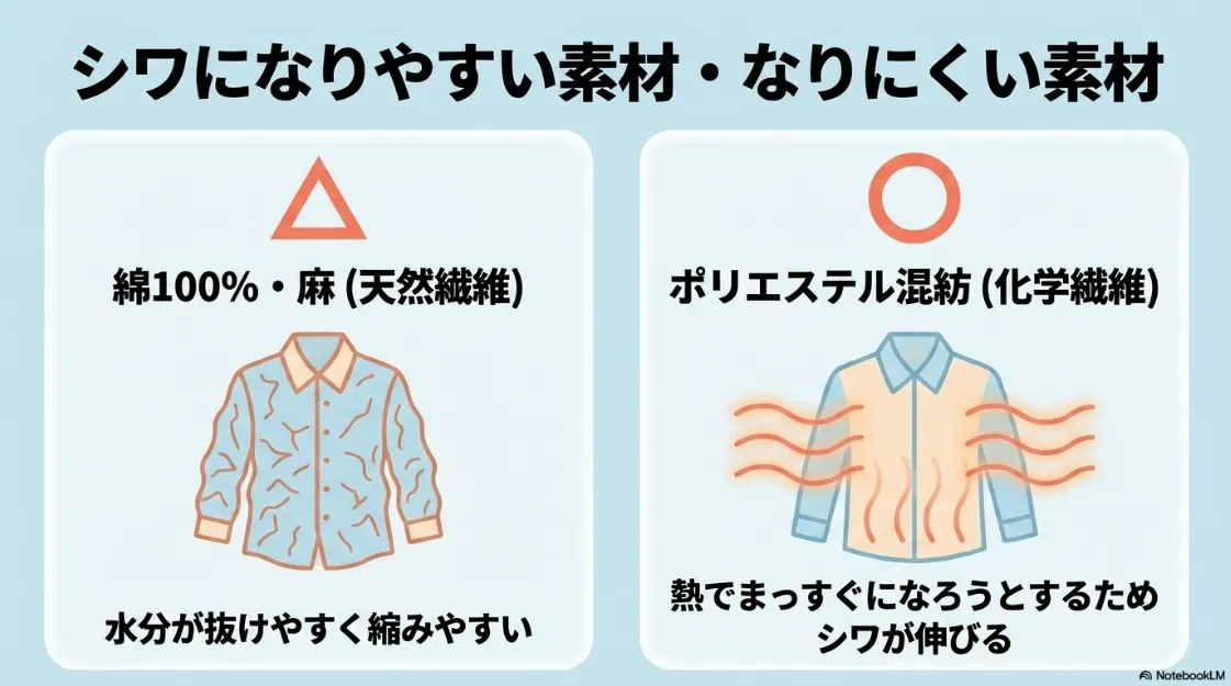 シワになりやすい綿・麻（天然繊維）と、シワが伸びやすいポリエステル混紡（化学繊維）の比較イラスト。
