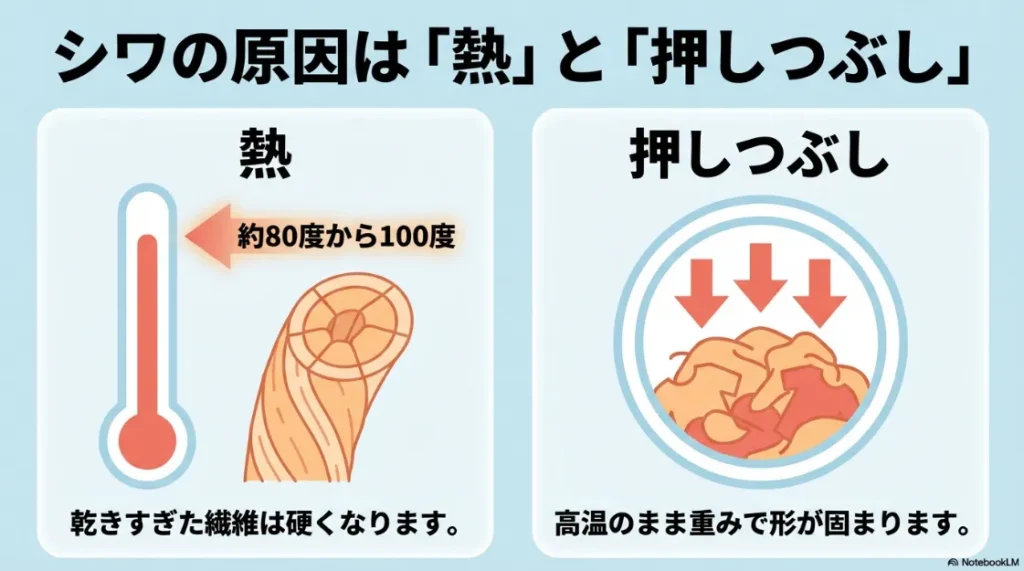 シワの原因は熱（約80度から100度）と押しつぶし。乾きすぎた繊維は硬くなり、高温のまま重みで形が固まる仕組みの図解。