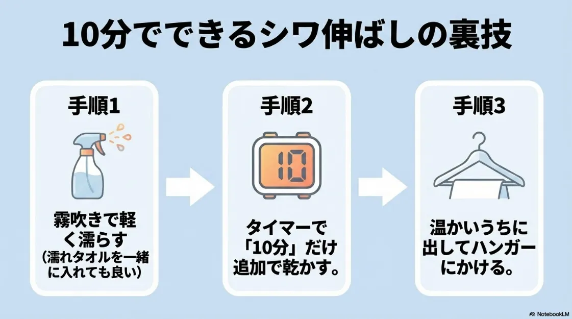 10分でできるシワ伸ばしの裏技。霧吹きで濡らす、10分追加乾燥、温かいうちにハンガーにかける3ステップ。