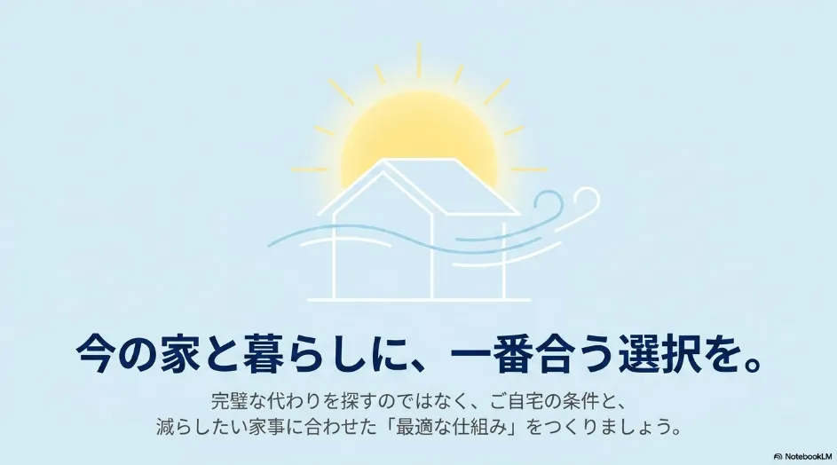 住宅と暮らしに合う衣類乾燥方法を選ぶことを示した家と太陽のイラスト