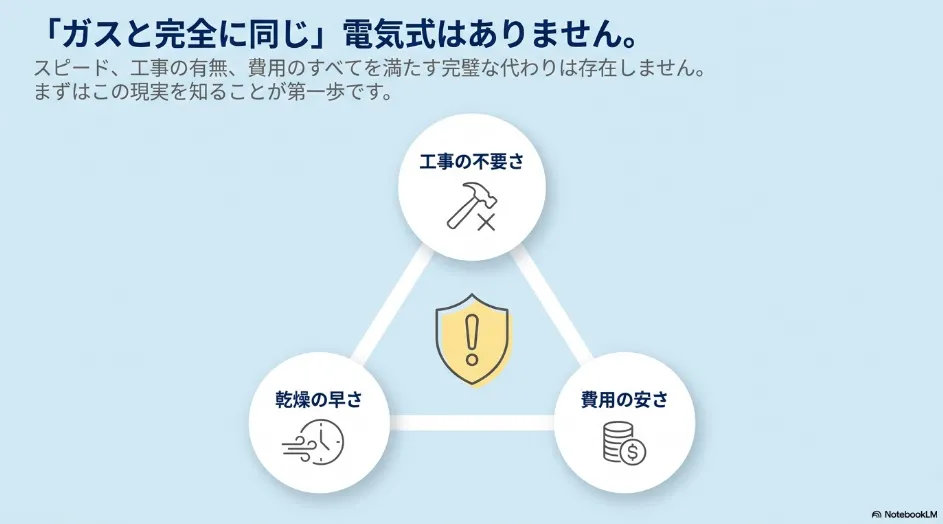 乾燥の早さ、工事の不要さ、費用の安さを比較して乾太くんの代替品を選ぶ図