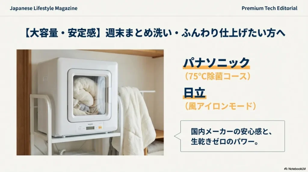 除菌コースのあるパナソニック製と、風アイロンモードを搭載した日立製乾燥機の比較