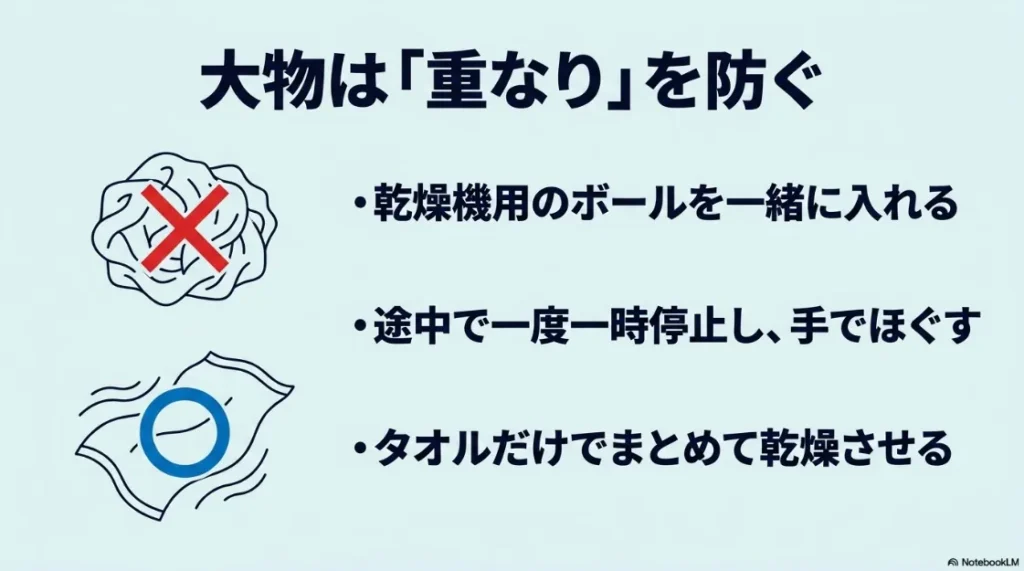 バスタオルなど大物の重なりを防ぐコツ（乾燥機用ボールの使用、一時停止してほぐす、タオルのみの乾燥）のまとめスライド