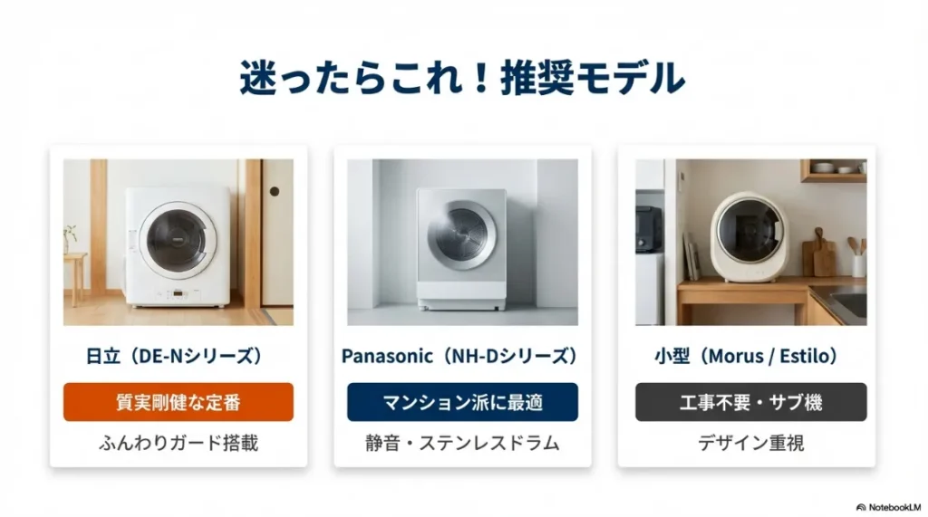 日立（DE-Nシリーズ）、パナソニック（NH-Dシリーズ）、小型（Morus/Estilo）のそれぞれの強みやデザイン、設置のしやすさをまとめた推奨モデル一覧。