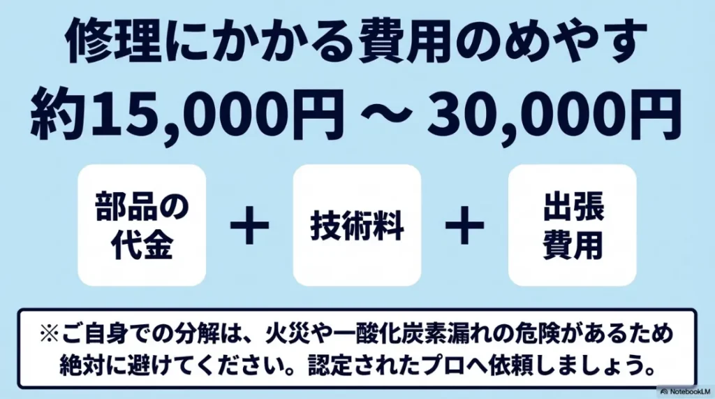 修理にかかる費用のめやす（約15,000円〜30,000円）。部品代、技術料、出張費の内訳と、自分での分解は危険であるという注意喚起。