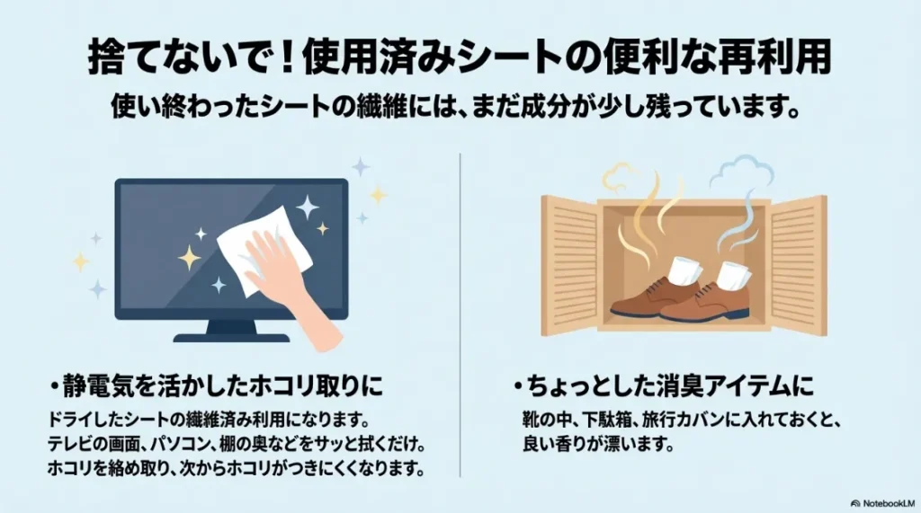 使用済み柔軟剤シートをテレビのホコリ取りや靴の消臭に再利用するアイデア