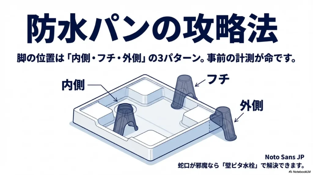防水パンの内側・フチ・外側にスタンドの脚を配置するパターンの解説図。