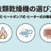 衣類乾燥機のガス式・ヒートポンプ式・ヒーター式を比較するスライド資料の表紙