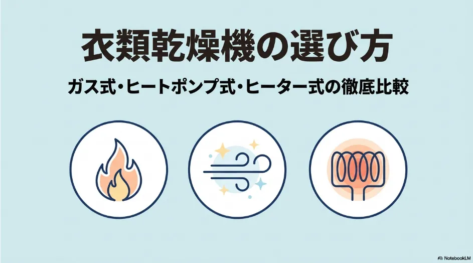 衣類乾燥機のガス式・ヒートポンプ式・ヒーター式を比較するスライド資料の表紙