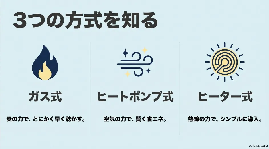 ガス式・ヒートポンプ式・ヒーター式の3方式と主な特徴を示した比較図