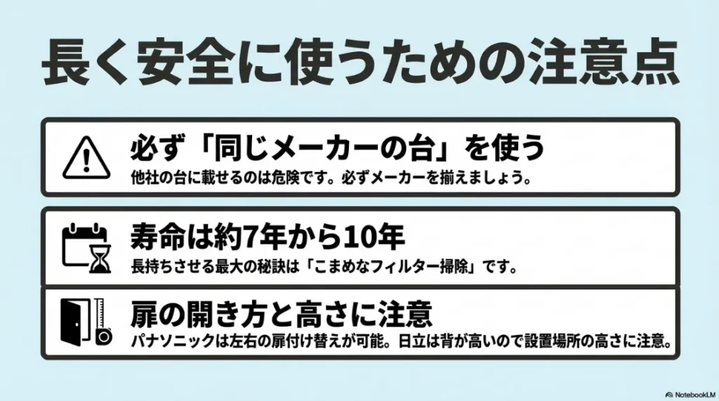 長く安全に使うための注意点。メーカー専用台の使用、寿命7〜10年、扉の向きや設置の高さに関するアドバイス
