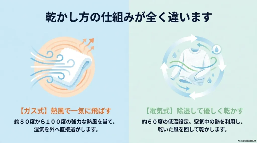 ガス式の熱風乾燥と電気式のヒートポンプ除湿乾燥の仕組みの違いを図解したスライド
