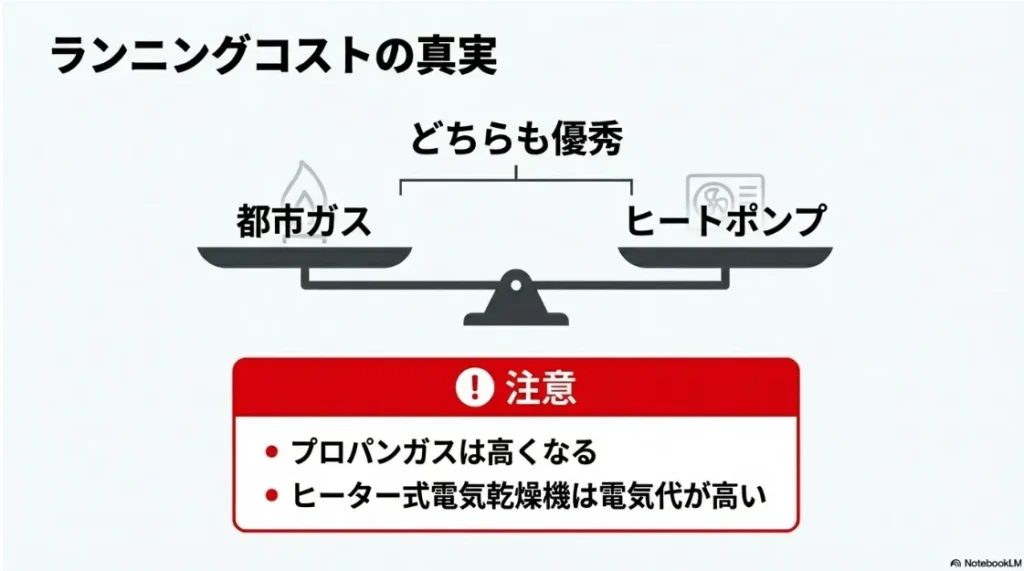 都市ガス、プロパン、ヒートポンプ、ヒーター式のランニングコスト注意点のまとめ
