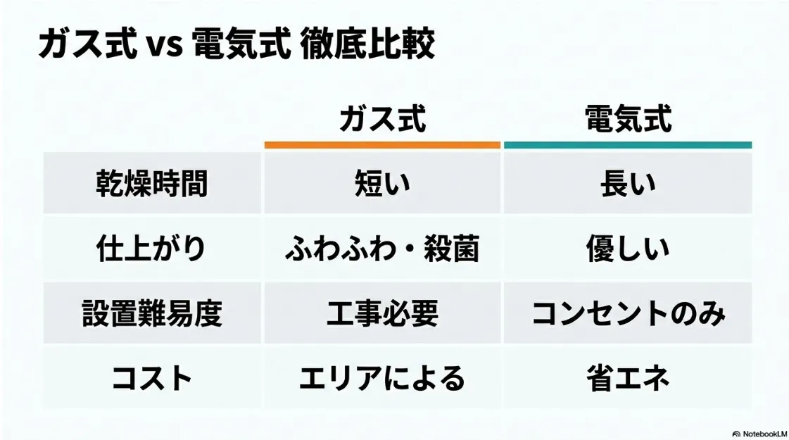乾燥時間、仕上がり、設置難易度、コストを項目別に比較したガス式対電気式の表