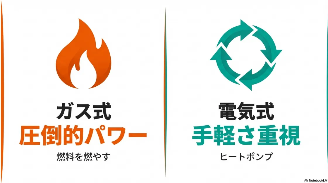 ガス式（圧倒的パワー）と電気式（手軽さ重視）の仕組みの違いを説明する図解