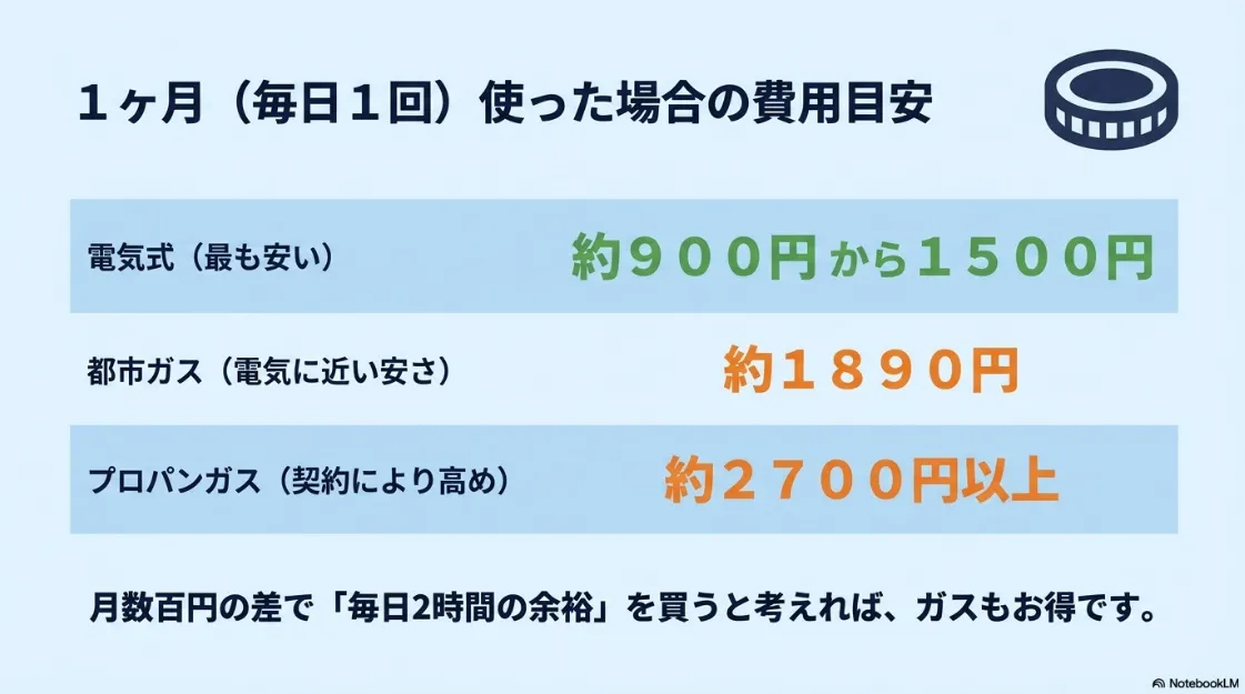 電気式、都市ガス、プロパンガスそれぞれの1ヶ月のランニングコスト目安を比較したスライド