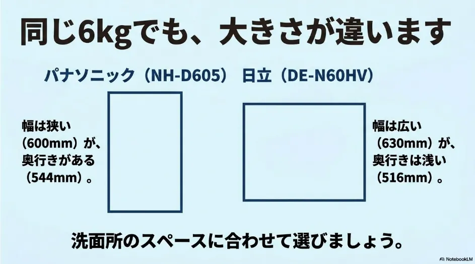 パナソニックNH-D605と日立DE-N60HVの幅と奥行きを比較し、同じ6kgでも本体形状が異なることを示したスライド