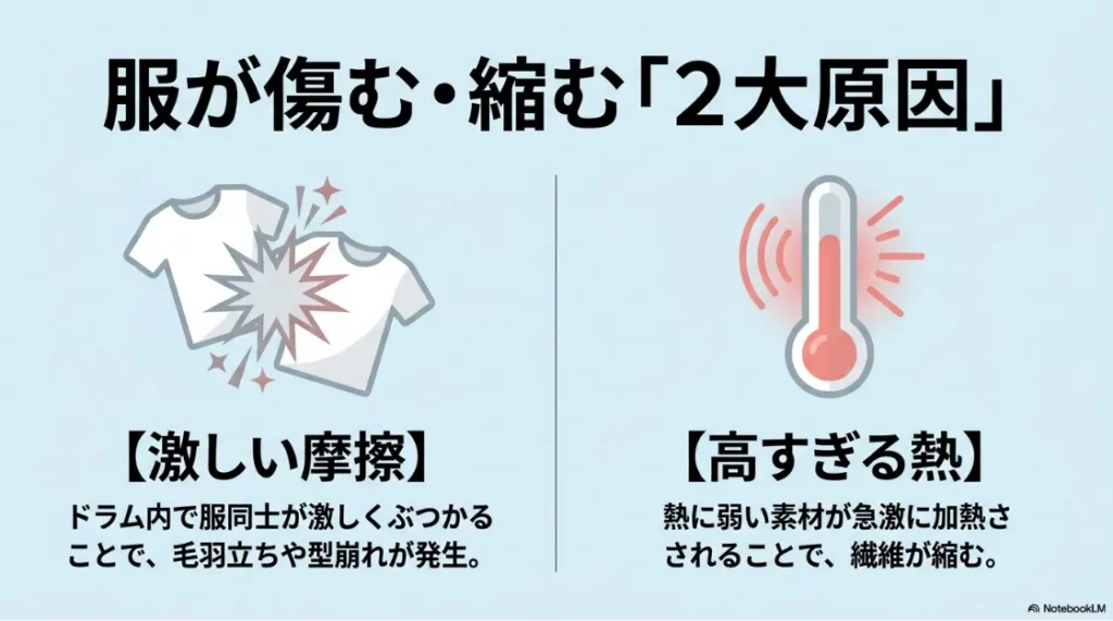 服が傷む・縮む「2大原因」の解説スライド 。ドラム内で服同士が激しくぶつかり毛羽立ちや型崩れが発生する「激しい摩擦」 と、熱に弱い素材が急激に加熱されて繊維が縮む「高すぎる熱」  のイラスト。