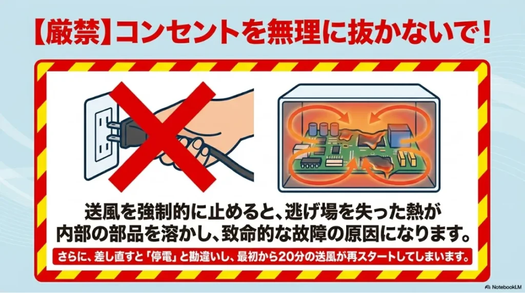 乾太くんの冷却運転中にコンセントを無理に抜くのが厳禁な理由(内部部品の融解リスクや再差し込み時の20分送風再スタート)を警告するスライド