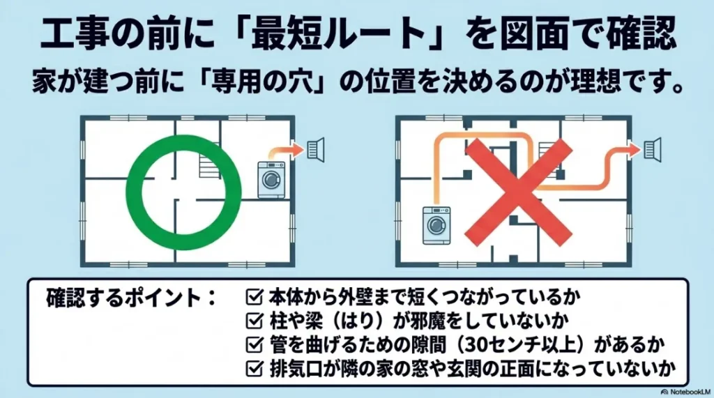 工事前に図面で確認すべき排気ルートのポイント。最短ルートの確保、構造物との干渉、隣家への配慮などを図解。