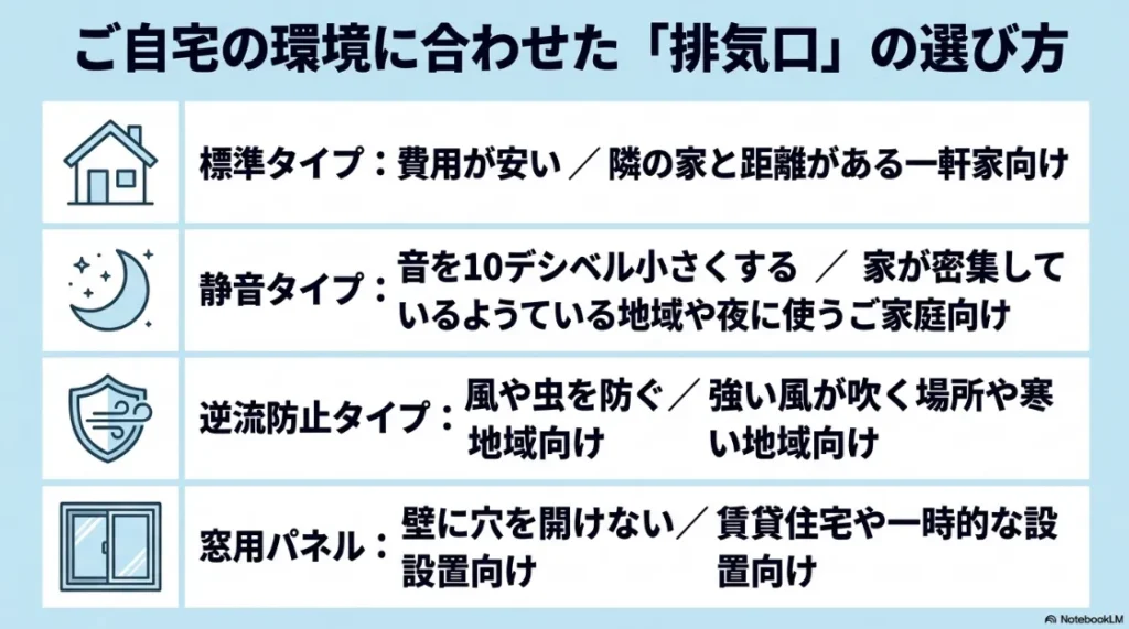 標準タイプ、静音タイプ、逆流防止タイプ、窓用パネルなど、環境に合わせた乾太くんの排気口（パイプフード）の選び方。