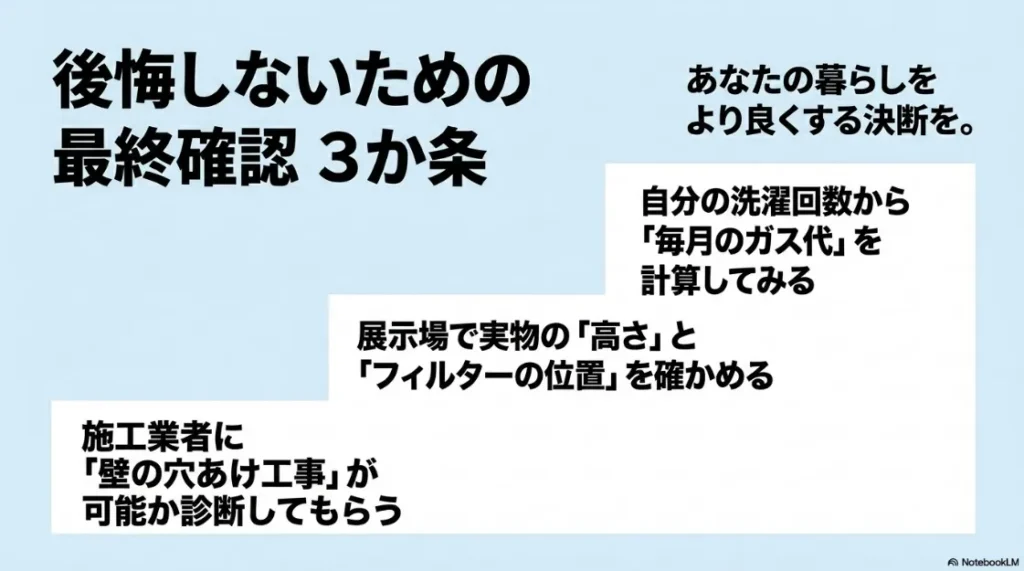 乾太くん導入で後悔しないための最終確認3か条。ガス代計算、実物確認、設置工事の診断。