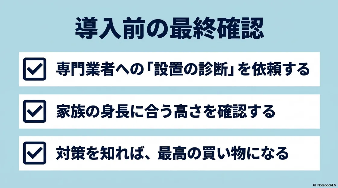 乾太くん導入前の最終チェックリスト（設置診断・高さ確認・対策の理解）のスライド