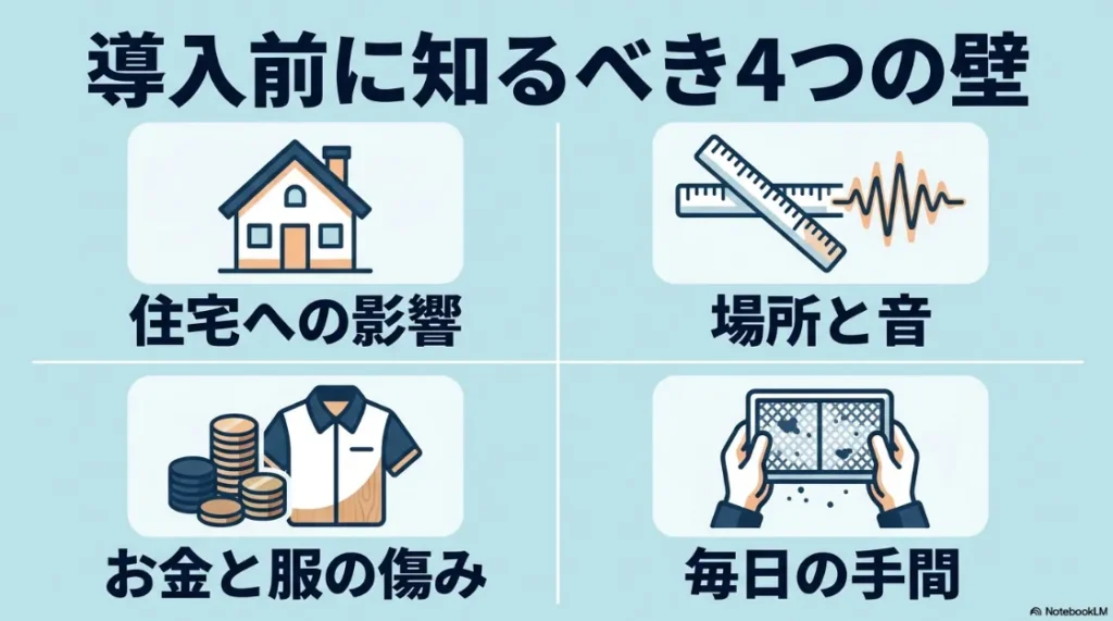 乾太くん導入前に知るべき4つの壁（住宅への影響、場所と音、お金と服の傷み、毎日の手間）のまとめスライド