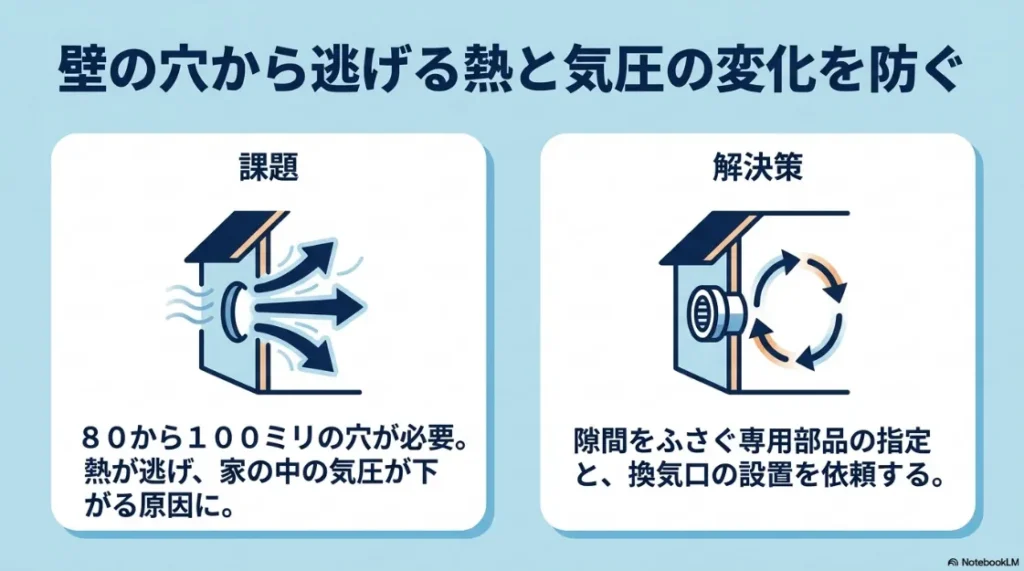 壁の穴による断熱欠損と負圧問題の課題と解決策（専用部品の指定と換気口の設置）の解説スライド